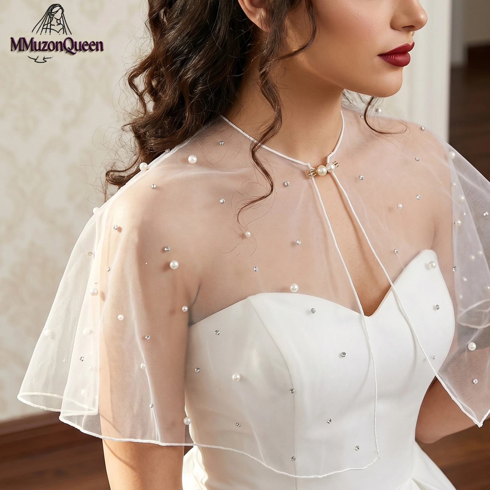 TOPQUEEN Pearls   Woman Wedding Dress Tulle Bolero Beaded Sleeveless Bolero Wedding Accessory Diy Customizable Mg02