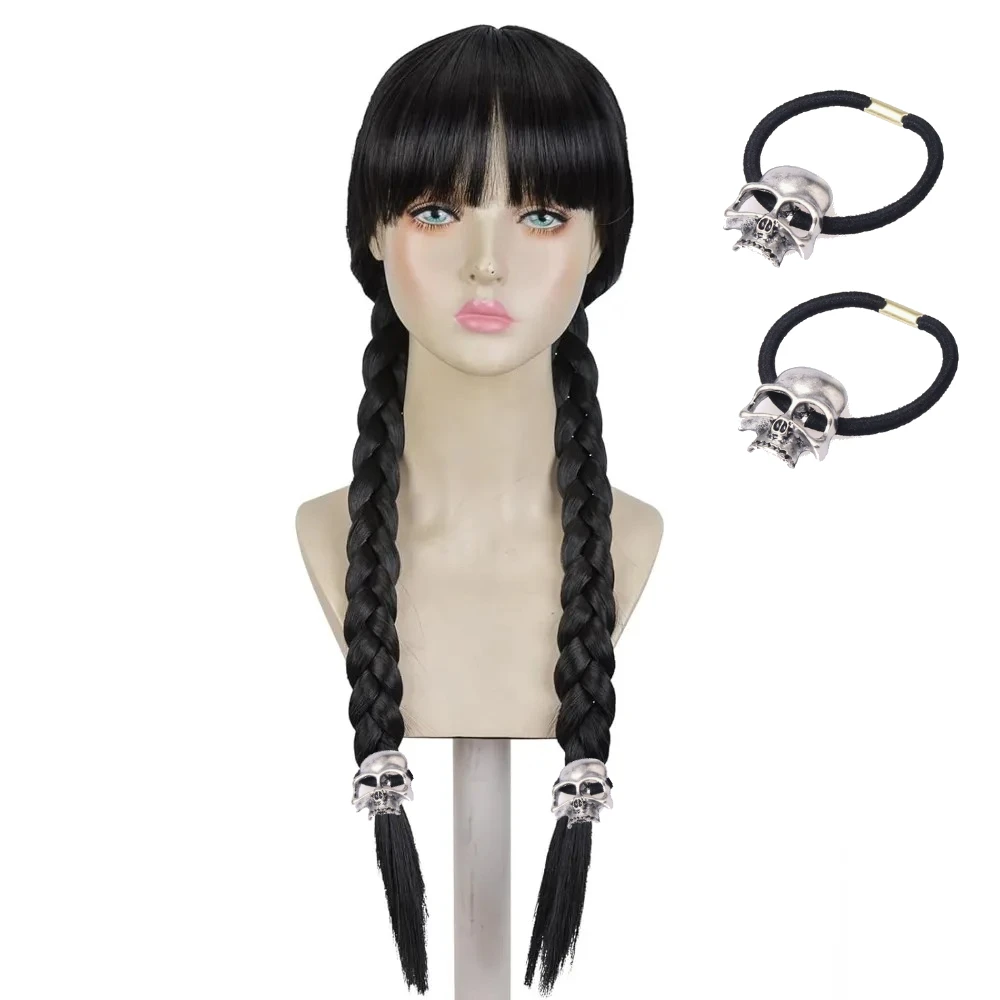 Cosplay Wigs Long Black Braids Hair Heat Resistant Synthetic Wigs Bangs Halloween Party Bangs Pigtails Long Black Braids