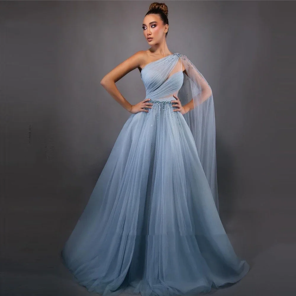 Personalised blue Party dress Cut-out single rotator sleeve tulle crystal pearl pleated floor-length evening gown فساتين السه