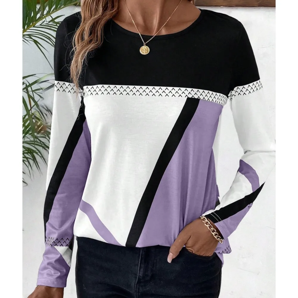 女性の幾何学的なプリントの長袖Tシャツ,スプライストップ,ラウンドネック,対照的な色,新しい,レジャー,2022