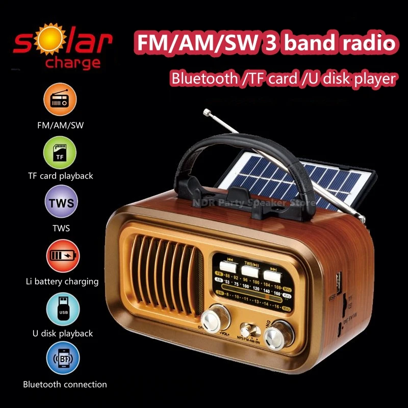 

Small Vintage Radio With Blueteeth Portable Desktop Solar Charging Outdoor Radio AM FM SW Radio Best Sound Built-in Speakers
