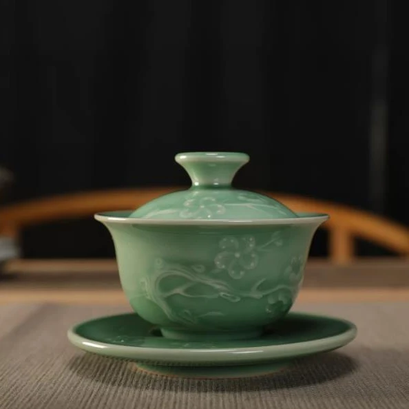 Long Quan Celadon Plum Green Hand-carved Plum Blossom Pattern Covered Bowl Ceramic Gongfu Tea Set Tureen Gaiwan by Ling Min