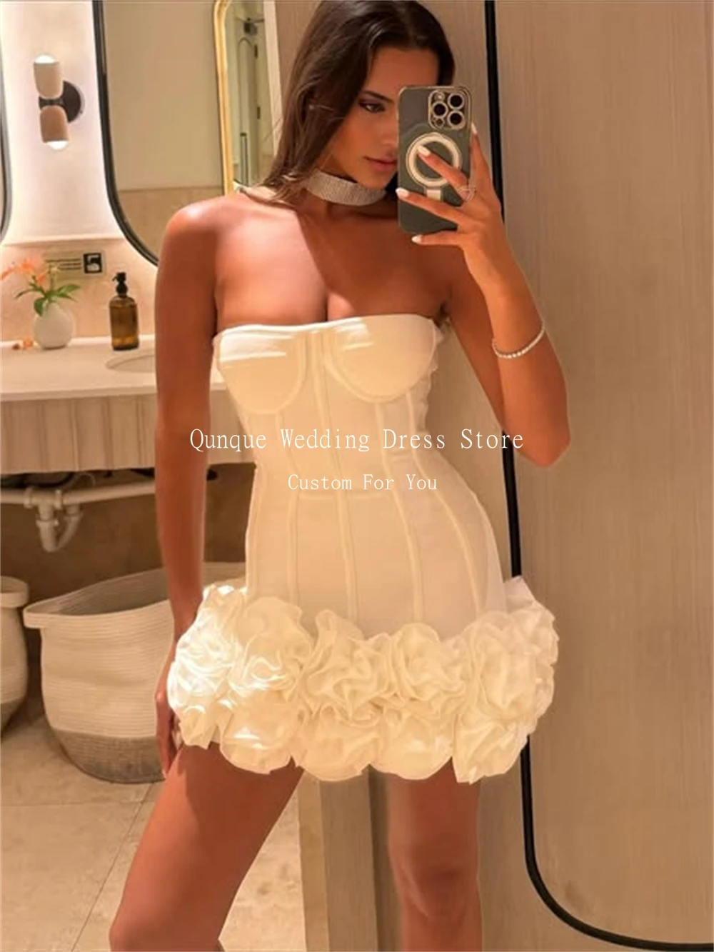 Qunque فساتين زفاف قصيرة/ميني مثيرة من الأورجانزا فاخرة ثلاثية الأبعاد زهور بدون أكمام زفاف للنساء فيستدوس دي نوفيا مخصصة