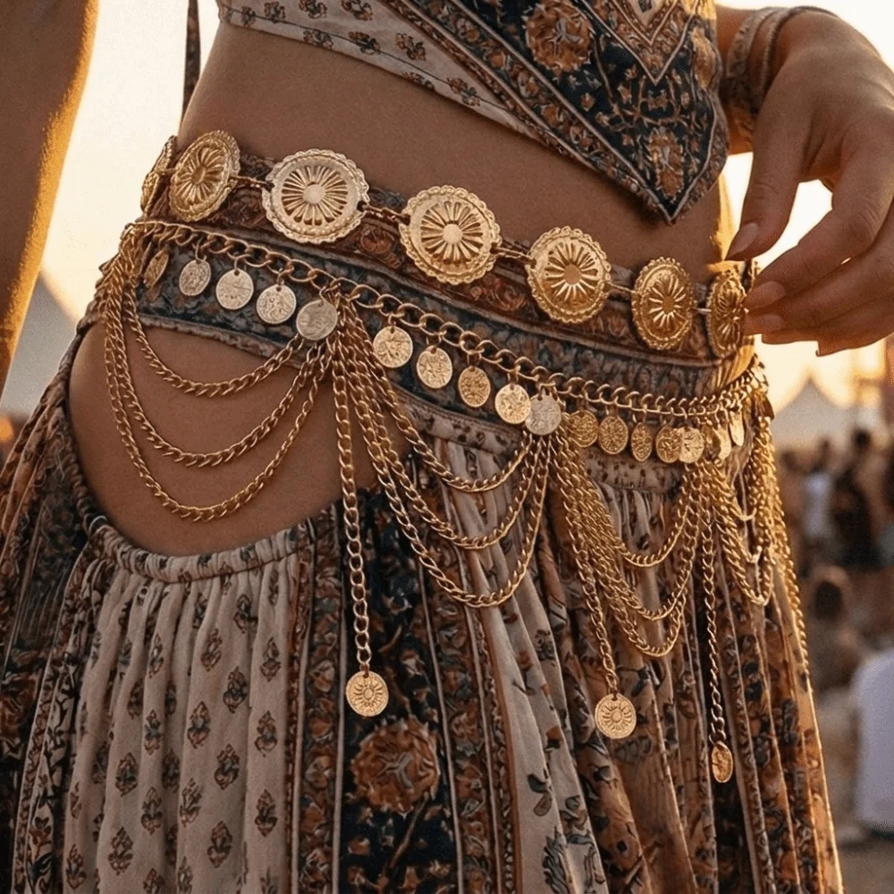 Retro Hollow Out Multi Layer Waist Chain Elegant Tassel Fringe Belt Delicate Shiny Dance Accessories Women