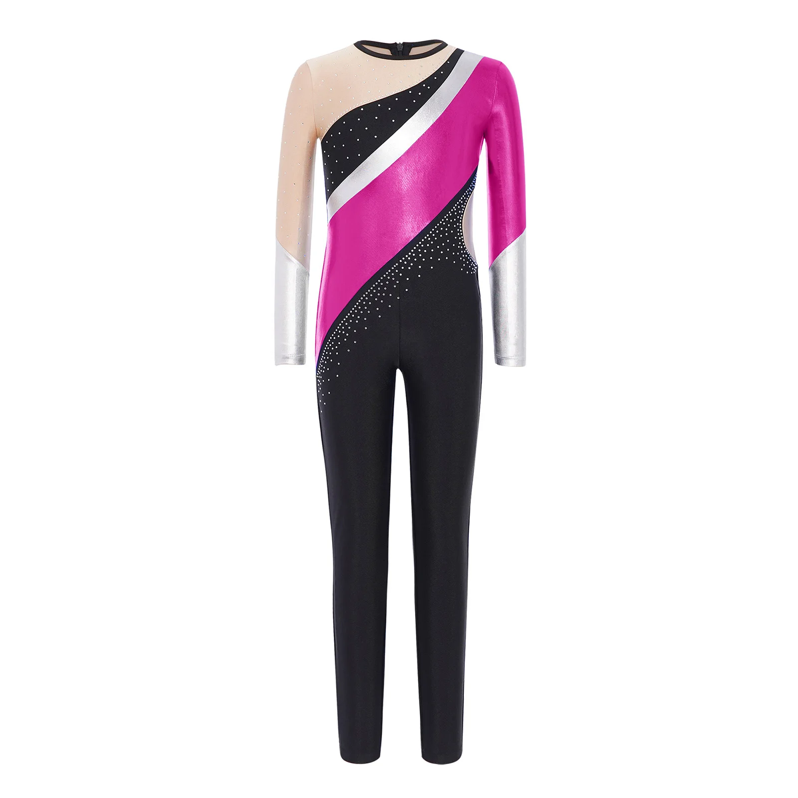 Meisjes metallic kleurblok gymnastiek jumpsuit ronde hals bodysuit met lange mouwen voor kunstschaatsen dansvoorstelling competitie