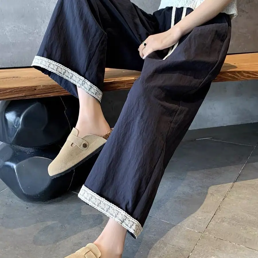 Summer Thin Loose-fitting Ladies' Ninth Pants Drawstring Navy Blue Ankle Lace Trim High-waist Straight Wide-leg Pants
