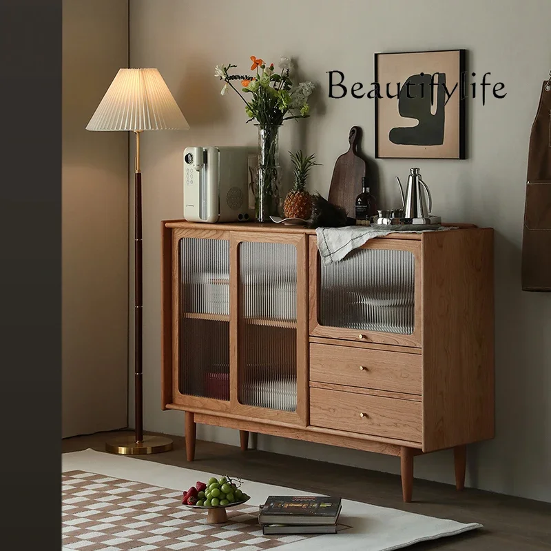 

Nordic Black Walnut Solid Wood Sideboard Home Japanese Living Room Cherrywood Glass Cabinet Floor
