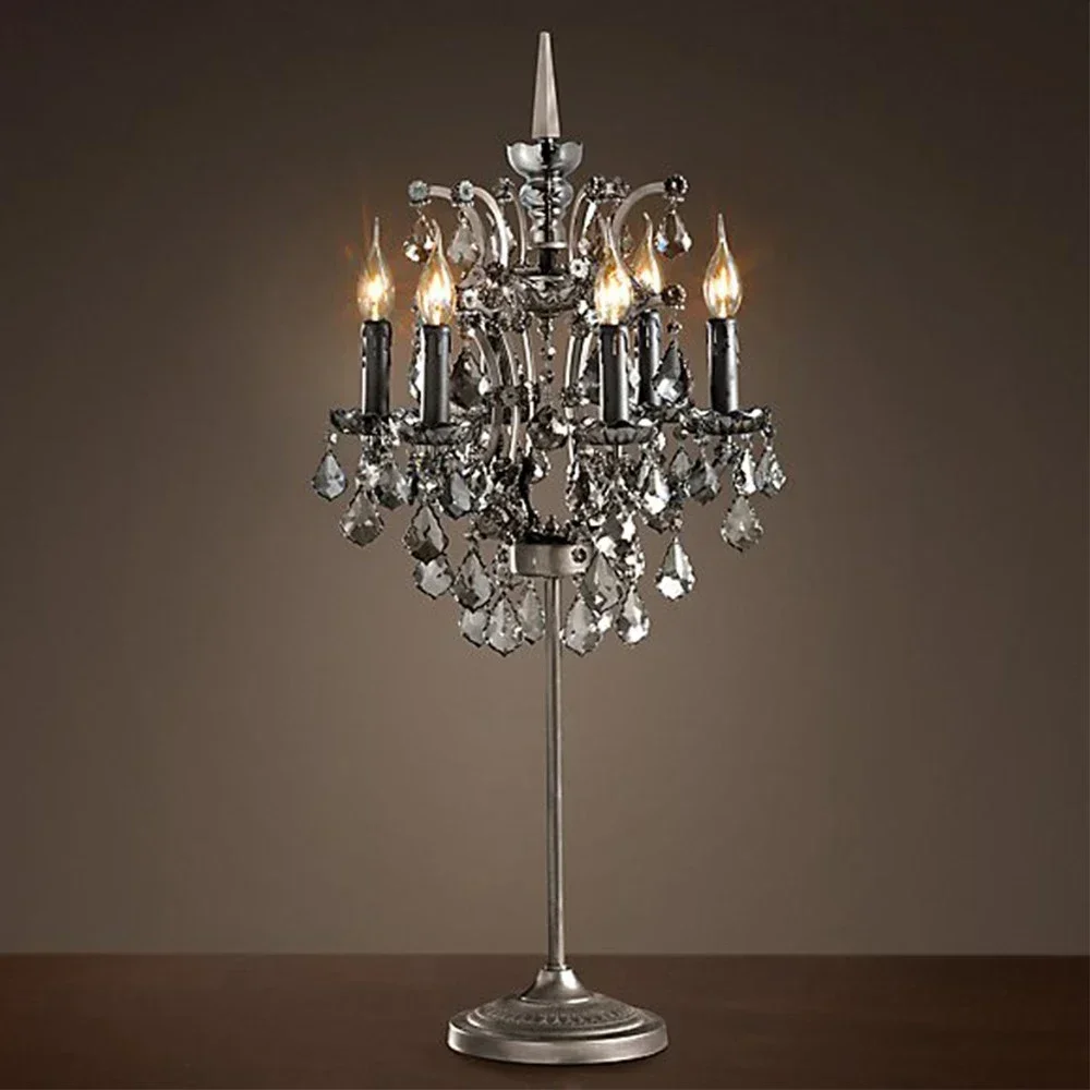 

Европейская ретро хрустальная настольная лампа, классическая 6-ламповая светодиодная настольная лампа для спальни, прозрачная дымчатая хрустальная промышленная лампа