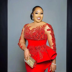 Vestidos de baile árabe Aso Ebi para mulheres, plus size, renda vermelha, apliques pura, mangas compridas, vestidos de noite com bainha, vestido de festa 10 principais vendas vestido longo de festa bordado - №8