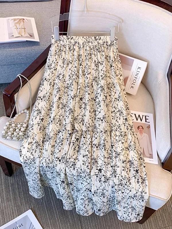 Falda Midi de Verano con Cintura Alta, Estilo Vintage, Estampado Floral, Cintura Elástica, Color Albaricoque, Versátil, Corte en A para Mujer