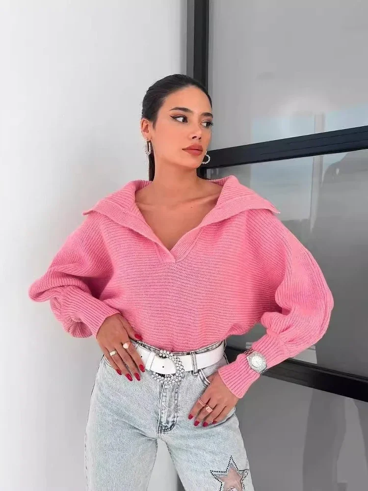 2026 autumn and winter explosion lazy loose lantern sleeves open neck pullover women's short sweater