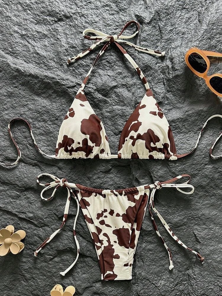 2026 Summer Sexy Brown White Cow Print Women's Halter Triangle Tie Side String Bikini Set Swimsuit Bathing Suit Beach Vacation