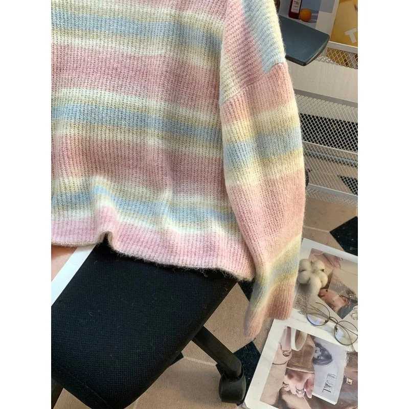 Dopamine Colorful Striped Knitwear Women's Thin Early Spring Fashion Gentle Style V-neck Long Sleeve Soft Fresh Korean Style