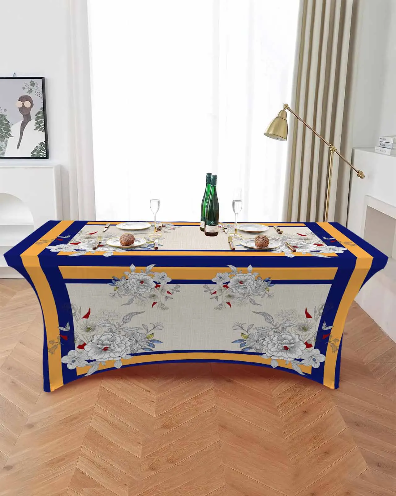 

Floral Striped Blue Linen Elastic Table Skirt Wedding Birthday Table Decoration Table Skirt Tablecloth for Party