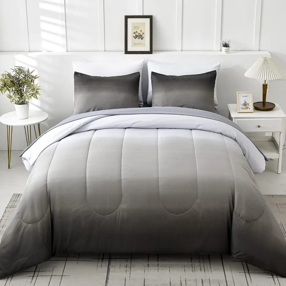 

Comforter Set Queen Size 7 Pieces Ombre Effects Gradient Black and Grey Bedding Bed in a Bag - All Season Lightweight Micro