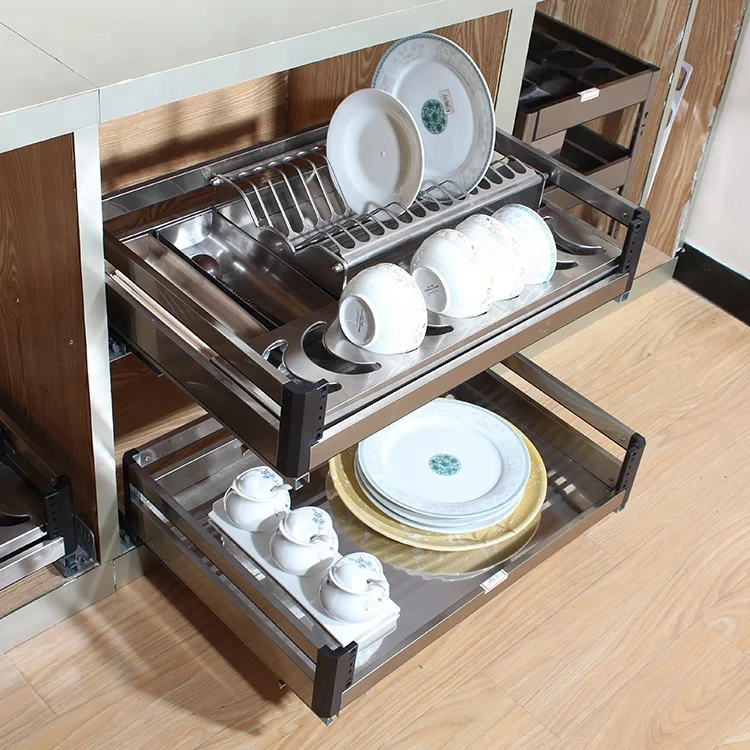 Luxury Kitchen Accessories Stainless Steel Kitchen Cabinet Pull Out Basket With Plate Holder