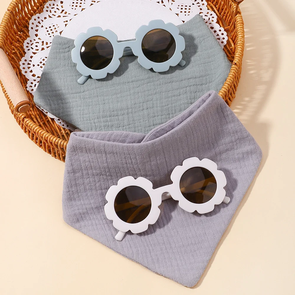 2Pcs Baby Bib Glasses Set Crepe Triangle Saliva Towel Baby Bibs Infant Cotton Bib Newborn Bandana Burp Cloth Feeding Drool Bibs