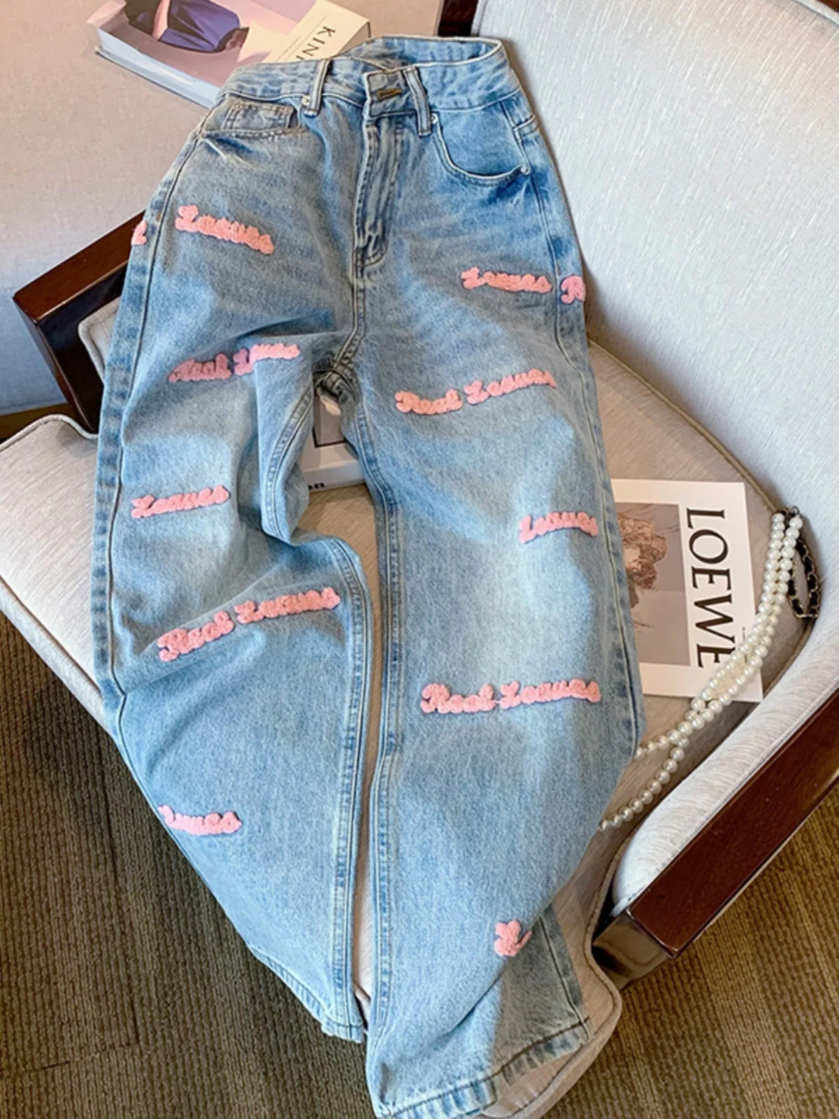 American High Street Design Embroidered Letter Denim Jeans Women's Summer Fashion  Casual Straight Leg Pants