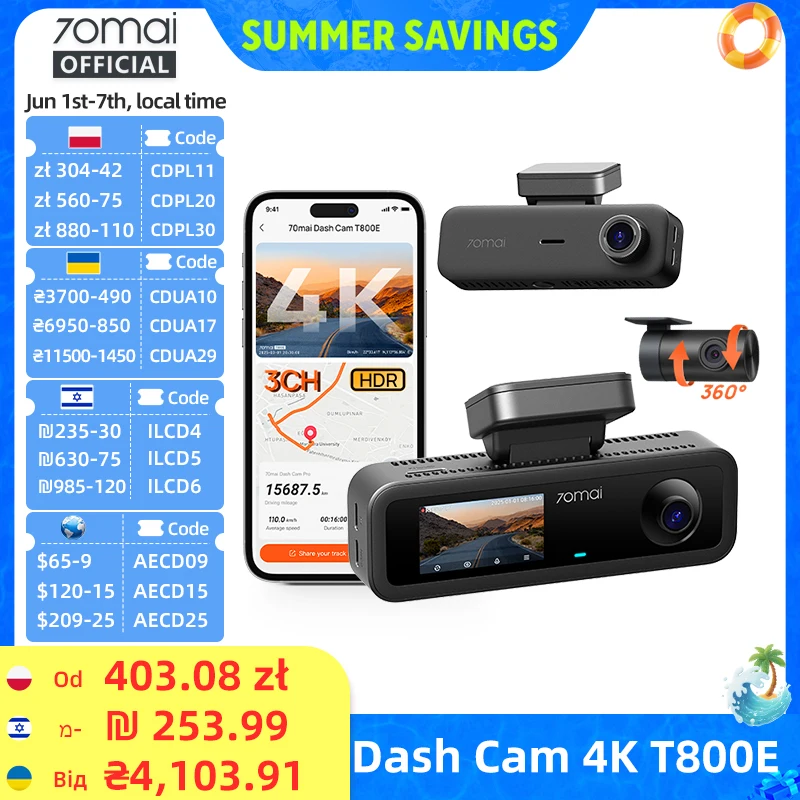 70mai 4K T800E 3-Channel Dash Cam Front Rear Interior 3-in-1 Voice Control 24H Parking Supercapacitor GPS 4K Car DVR 70mai T800E