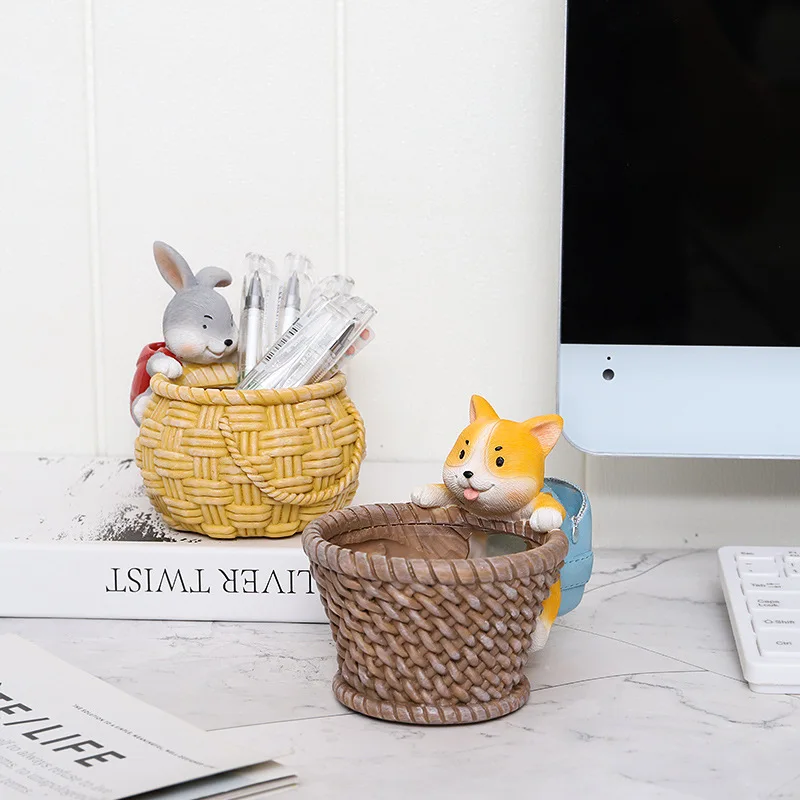 Corgi & Bunny Flower Basket Planters for Succulents Plants Pots Fairy Garden Animal Ornament Pencil Holder Home Table Decoration