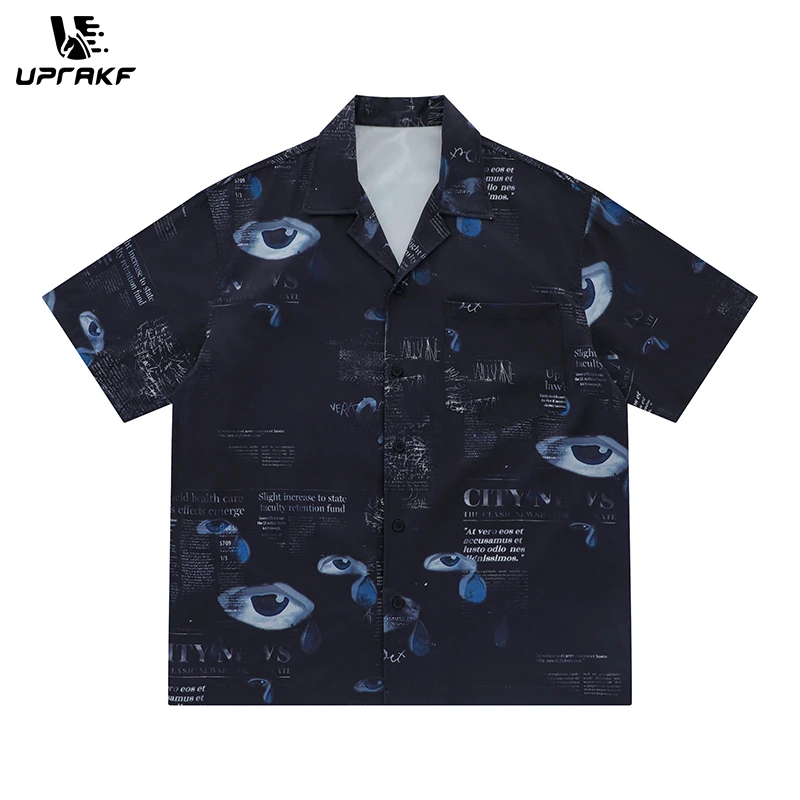 

UPRAKF Tearing Eye Full Print Collar Shirts Short Sleeve Button Tops Casual Summer Outwear Comfortable Trendy