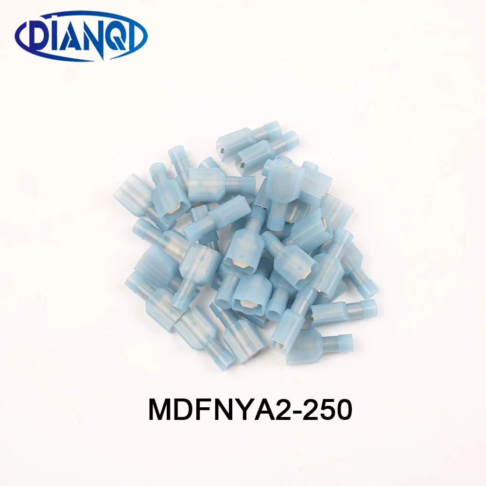 DMWD MDFNYA2-250 MDFNYA2.5-250 Nilon Kuningan Pria Terisolasi Sekop Joint Kabel Kawat Konektor 100PCS 1.5-2.5mm2 16-14AWG MDFNYA