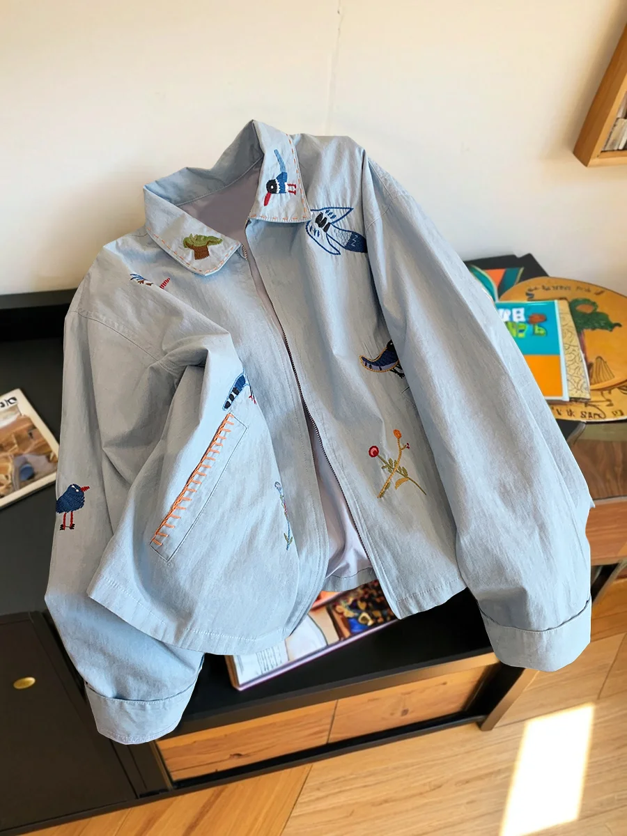 

American Heavyweight Floral Print Turn-down Collar Workwear Jaet Women's Spring Autumn Fre Sle Loose Fit Top