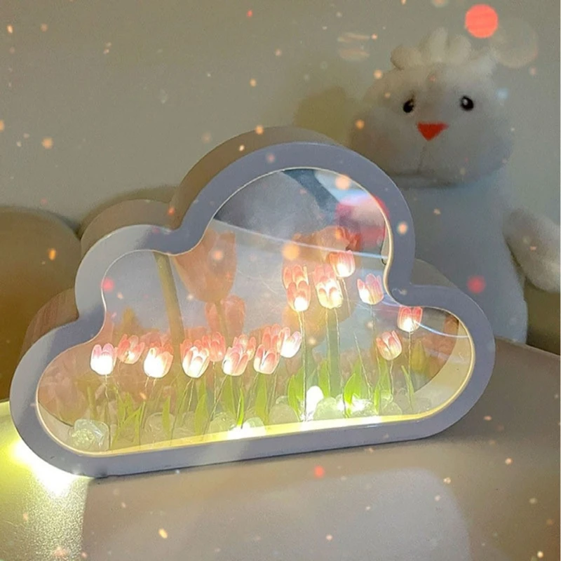 

DIY Sea of Flowers Tulips Night Light Cloud Mirror Decors Beautifully Tulips Mirrors Tulips Night Light for Teen Girls M4YD