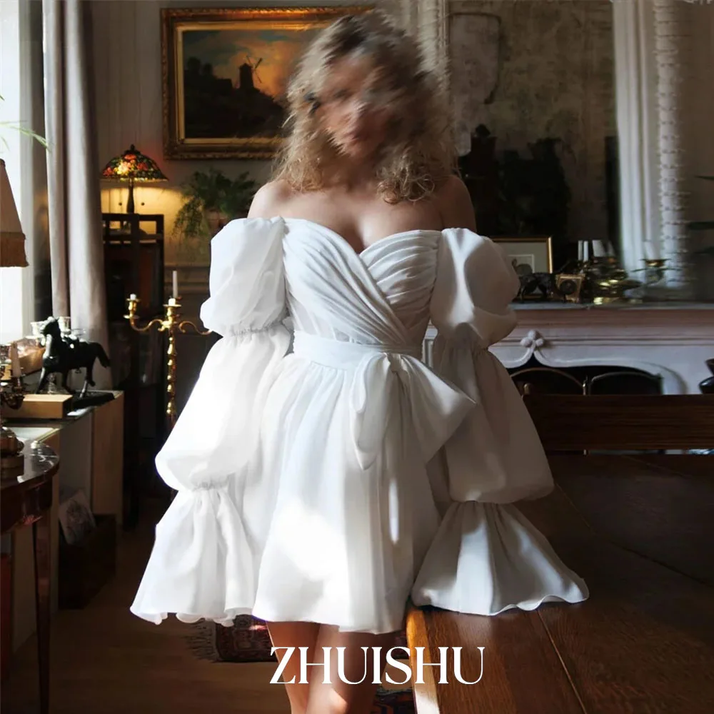 

Off Shoulder Puff Sleeves Crepe A Line Mini Wedding Dress Pleats Zipper Back Above Knee Bridal Customized Vestidos De Novia