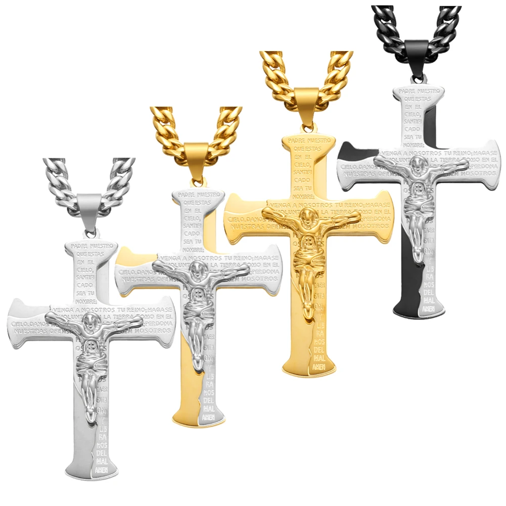 Heavy Big Jesus Cross Long Byzantine Chain Stainless Steel Necklaces Pendants for Men Christian Crucifix Necklace Jewelry