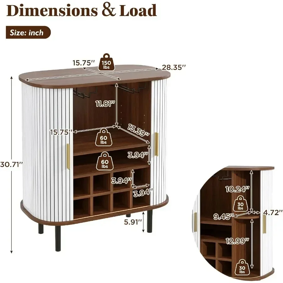 Wine Bar Cabinet with Side Storage, Fluted Liquor and Coffee Bar Cabinet with Wine Rack and Glass Holder, Farmhouse Buffet Side