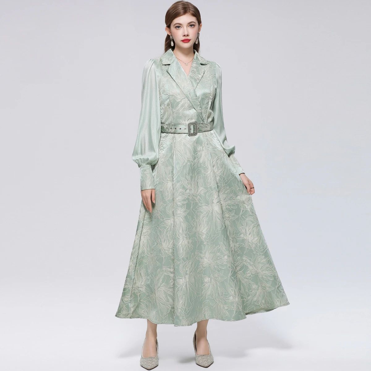 

Elegant Chic Women's Long Sleeve Prom Dress Runway Jacquard Flower Stitching A-Line Party Outfit with Notched Beaded Belt