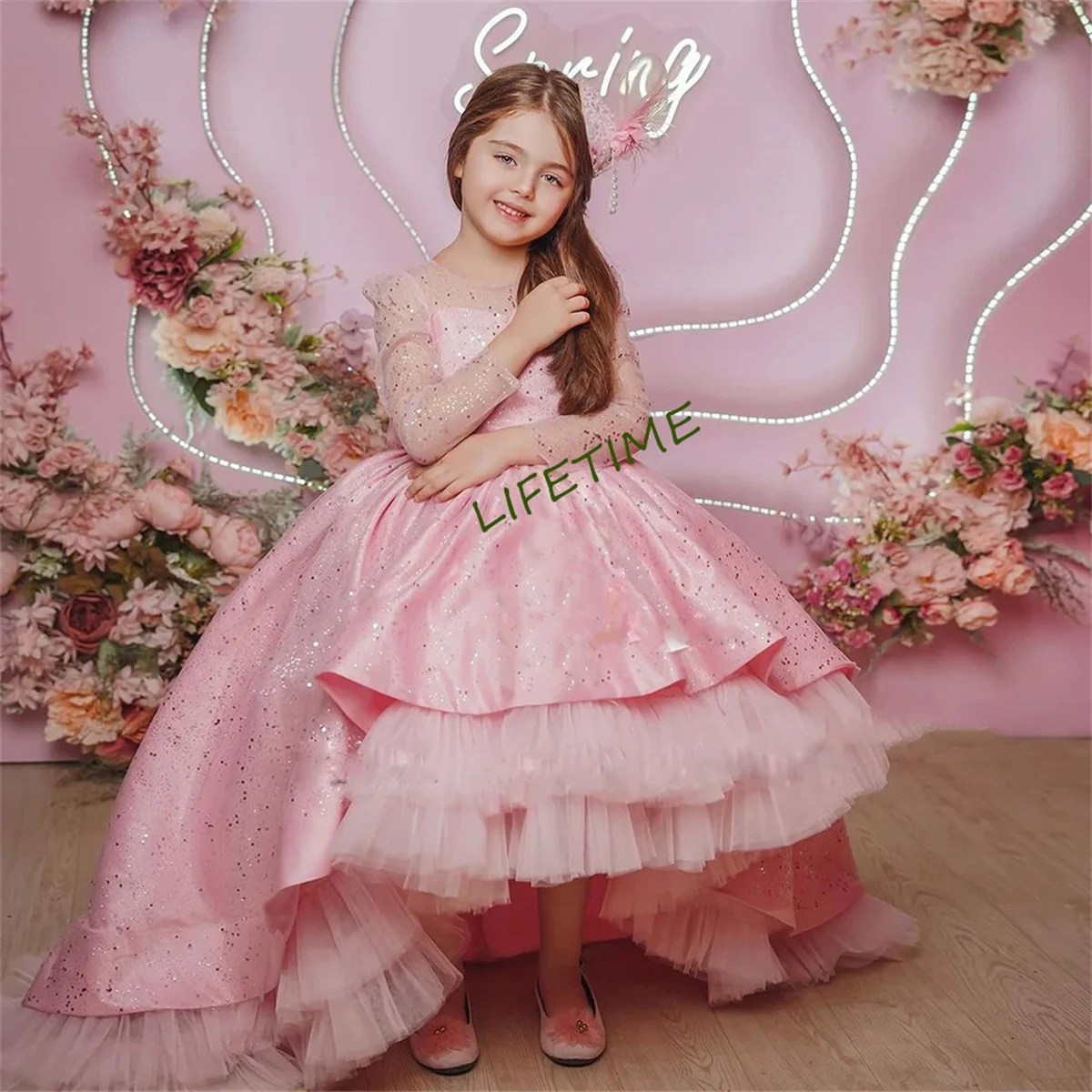 Pink Sequins Flower Girl Dress For Wedding O-neck Tulle With Bow Puffy Shining Elegant Princess First Communion Ball Gowns