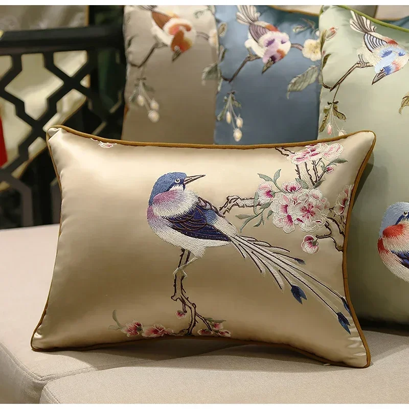 Cherry Blossom Birds Embroidery Cushion Cover Retro Chinoiserie Collection Satin Throw Pillow Case 45x45cm Spring Deco