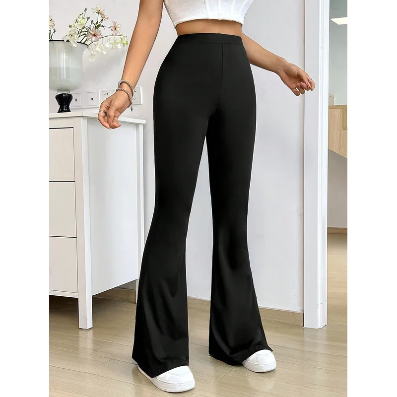 بنطلون نسائي أنيق وعصري لعام 2025 بخصر عادي وتصميم واسع من الأسفل، مريح ونحيف باللون الأسود مناسب للمكتب والاستخدام اليومي