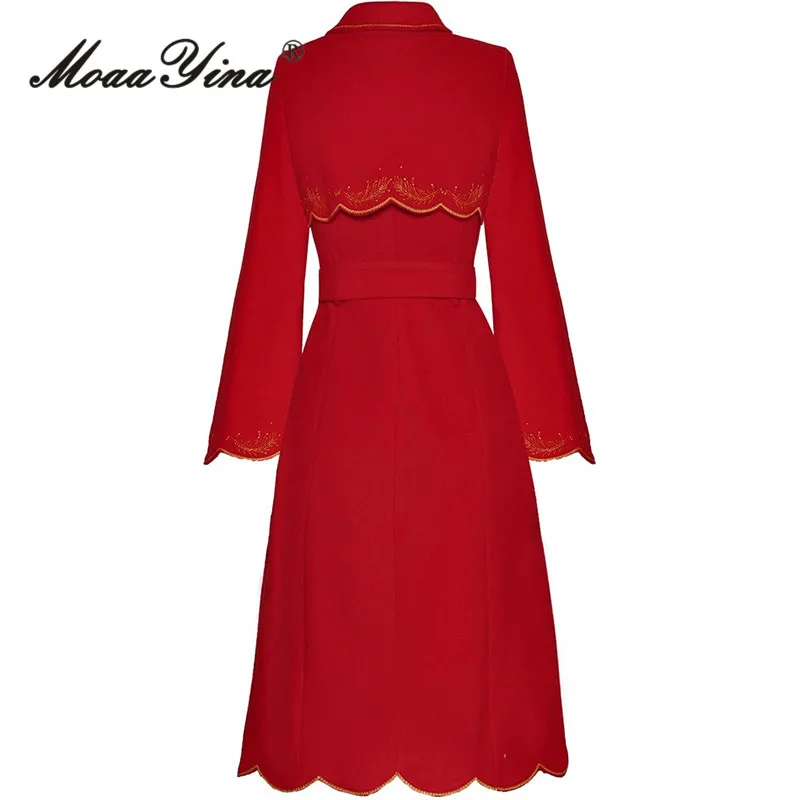 MoaaYina Fashion Runway Autumn Winter Flare Sleeve Midi Coat Women Turn-Down Collar Single-Breasted Lace-Up Embroidery Overcoat