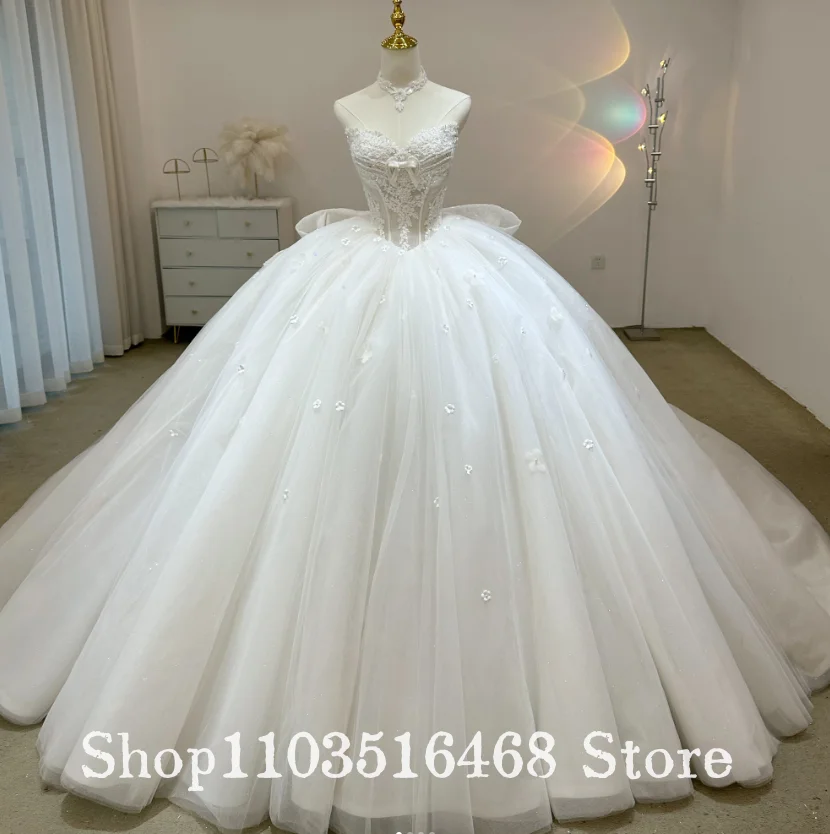 White Crystal Embellished Wedding Dress Tutu Skirt Large Bow Long Train eEngagement Tast Dress Customised