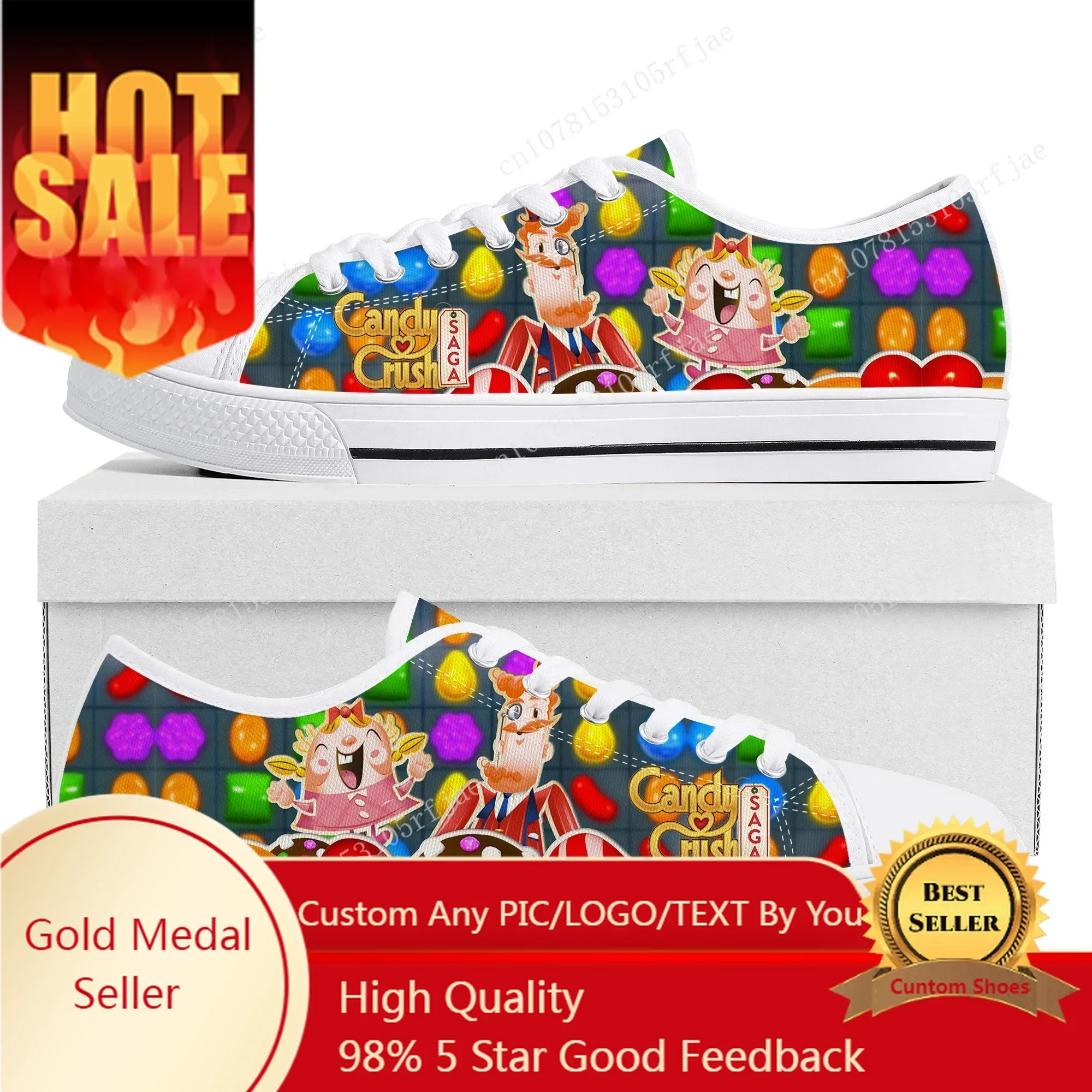 Candy Crush Saga Low Top Sneakers Cartoon Game Women Men Teenager Canvas Sneaker Couple Fashion Custom Built Shoes