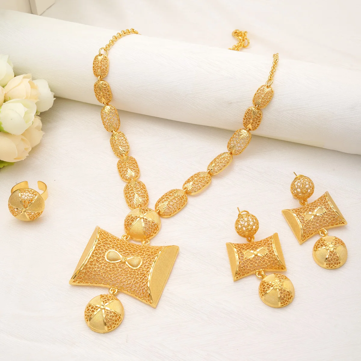 Liffly Indian Dubai 24k Gold Plated Necklace and Earrings Ring Jewelry Sets for Women Ethiopian Bridal Set Wedding Party Gifts