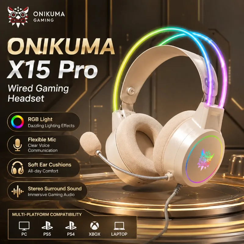ONIKUMA X15 Pro Gaming Headset Wired RGB Head Beam Flexible Mic Stereo Surround Sound 50mm Driver For PC PS4 PS5 Xbox Laptop
