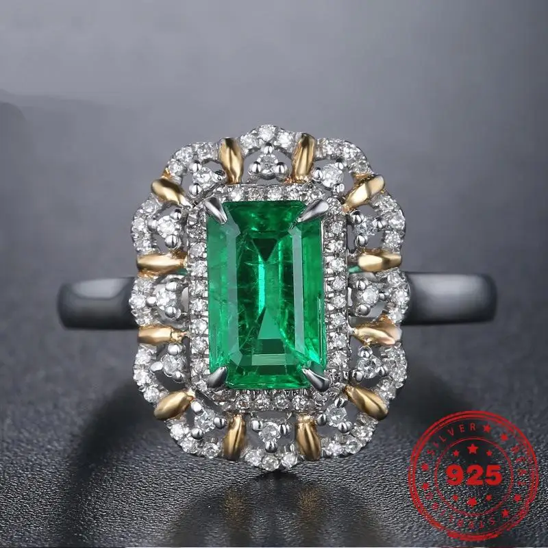 HOYON 925 Sliver color Turquoise Emerald Square Diamond Ring Bague Bizuterias for Women Silver 925 Jewelry Green Topaz Diamond