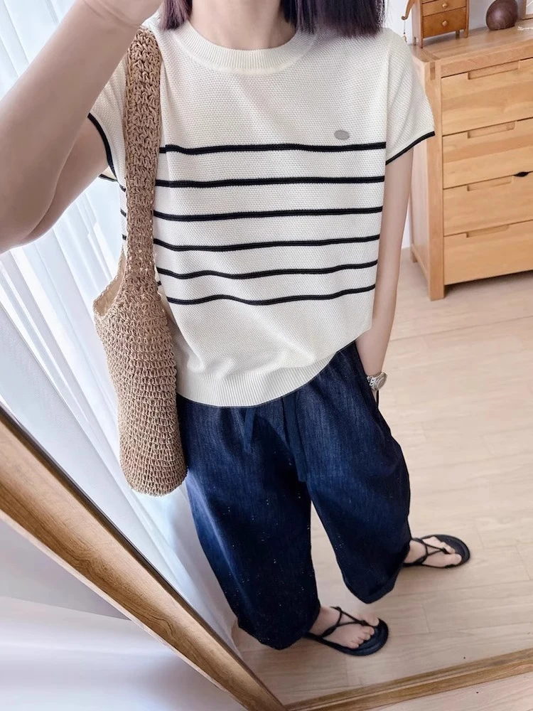 Anti-Aging Color Blo Summer Knitwear Casual Loose ort Sve Hollow out Design Versatile Top Korean Sle round Ne