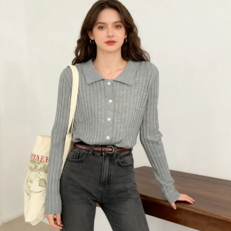 

Vintage Elegant Shirt Lapel Long-sleeved Knitted Cardigan Retro Sweater Cardigan Casual Ladies Sweater Korean Style Slim Fit Sw