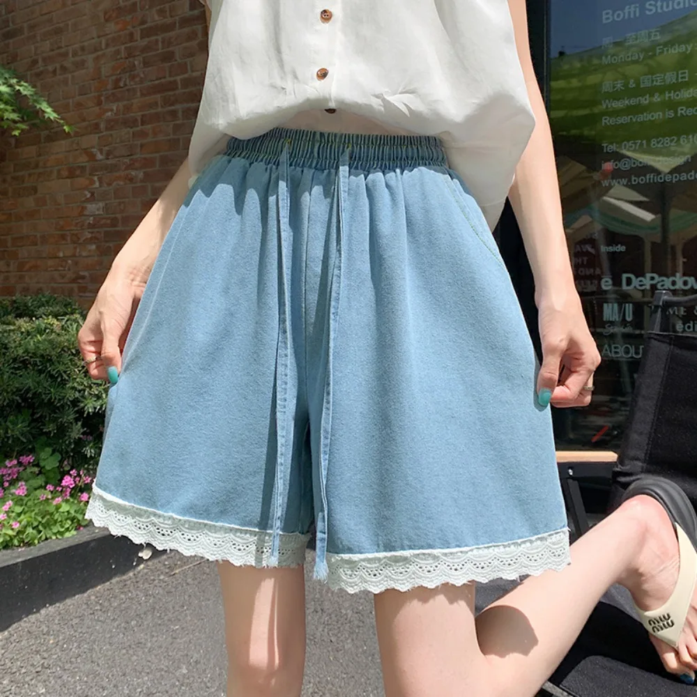 Summer Drawstring Lace-up Pleated Wide-leg Jeans Women's 2026 High-waisted Lace Splicing Casual Shorts Loose and Versatile Trend