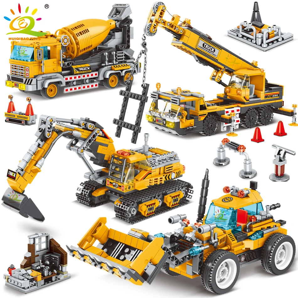 HUIQIBAO TOYS 2in1 Engineering Truck Building Blocks Crane Bulldozer Excavator Car City Construction MOC Bricks For Children Kid