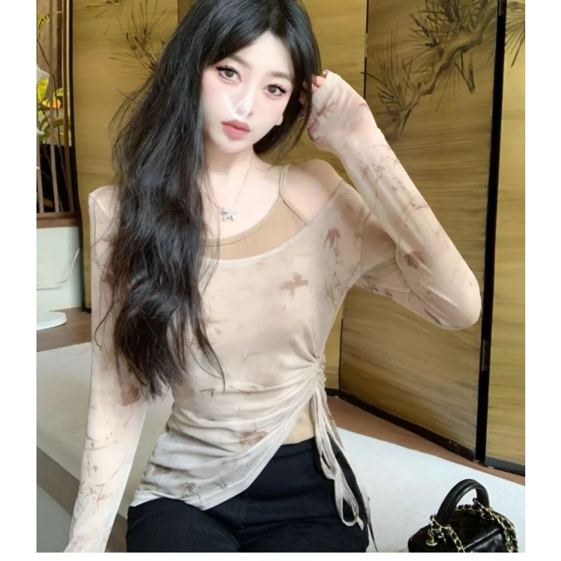 Sweet and Spicy Summer Unique and Chic Butterfly Print Mesh Sunscreen Vest Irregular Drawstring Women's Top Two-piece Set