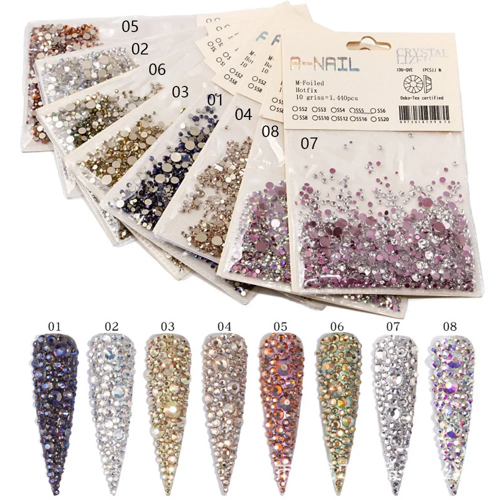 1440PCS Crystal Non Hotfix Rhinestones Mix Sizes Nail Art Decoration Gemstone