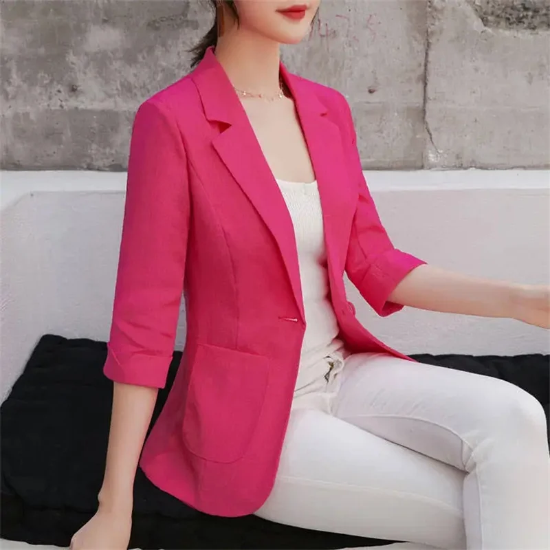 Summer New Women Blazer Three Quarter Sleeves Lapel Notch Collar Lady Formal Thermal Cardigan Plus Size Business Lady Coat Party