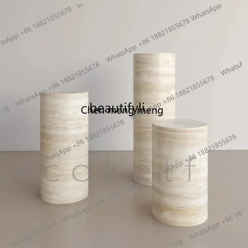 03 Natural Roman travertine living room sofa edge designer marble cylinder display stand