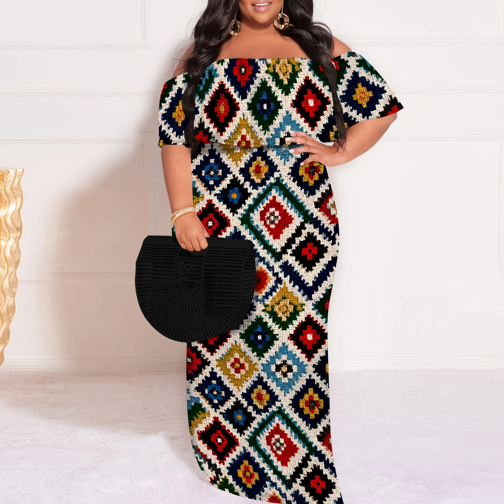 Women's Plus Size Summer Dresses Sexy Casual African Print Off The Shoulder Short Sleeve Ruffle Maxi Dress（XL-6XL）